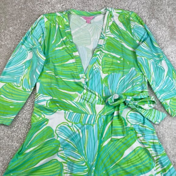 Lilly Pulitzer Karlie Wrap Romper Green Sheen Fronds - Picture 8 of 12